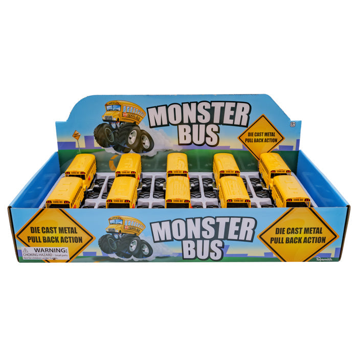 A Toysmith display box labeled "Monster School Bus" features several Toysmith Monster School Bus die-cast, yellow buses with large wheels and pull-back action, neatly arranged in rows.
