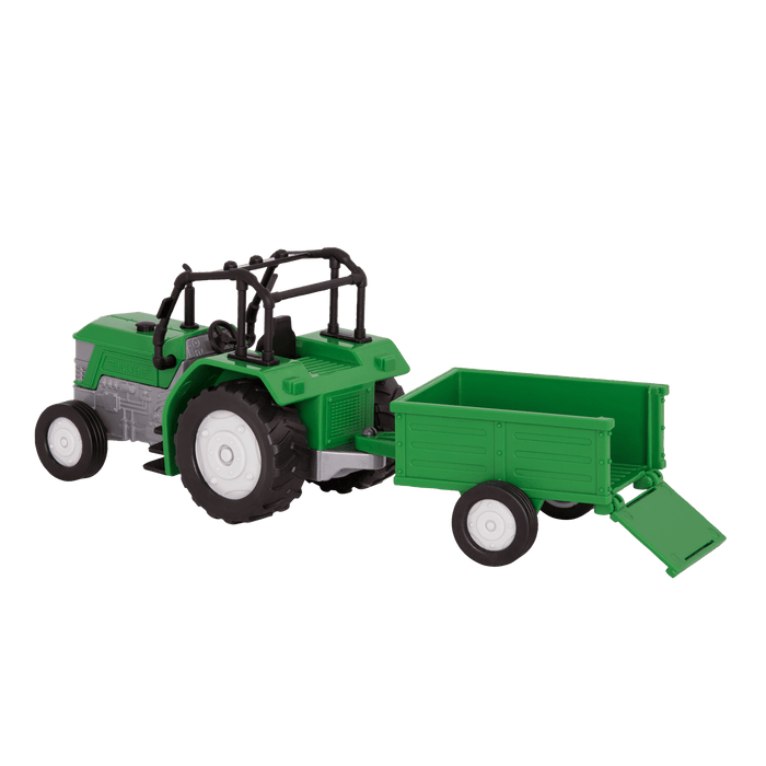 Small Micro Series Green toy tractor with trailor