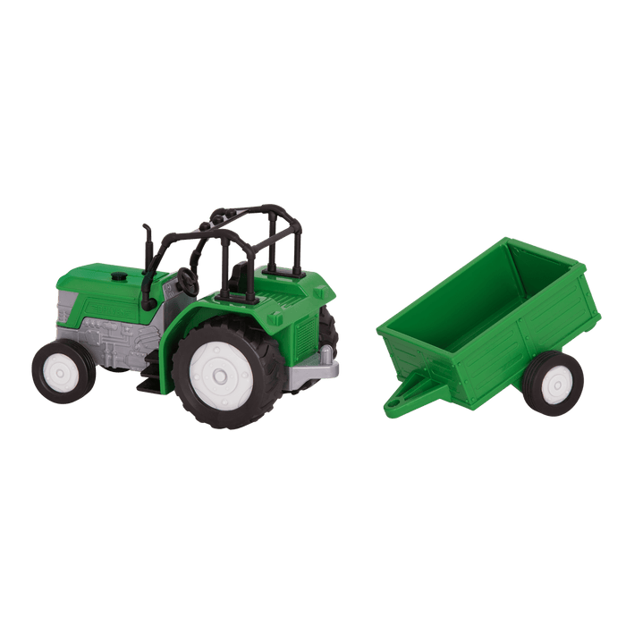 Small Micro Series Green toy tractor with trailor
