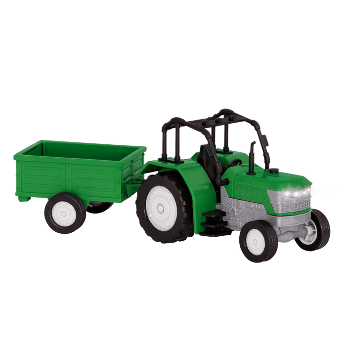 Small Micro Series Green toy tractor with trailor