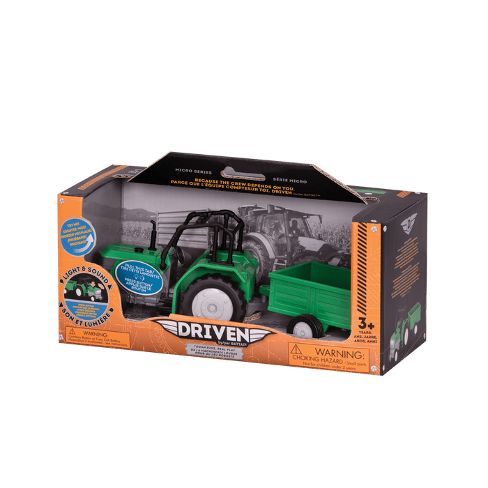 Small Micro Series Green toy tractor with trailor