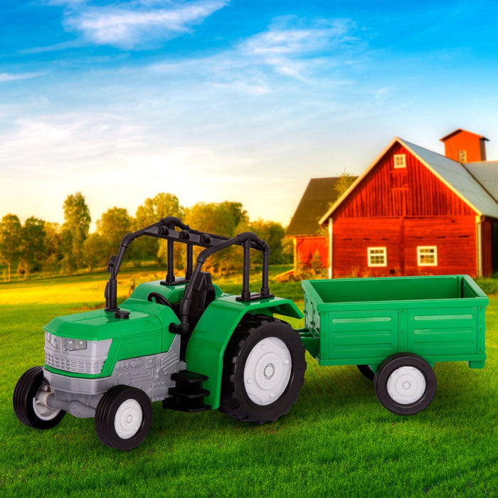 Small Micro Series Green toy tractor with trailor