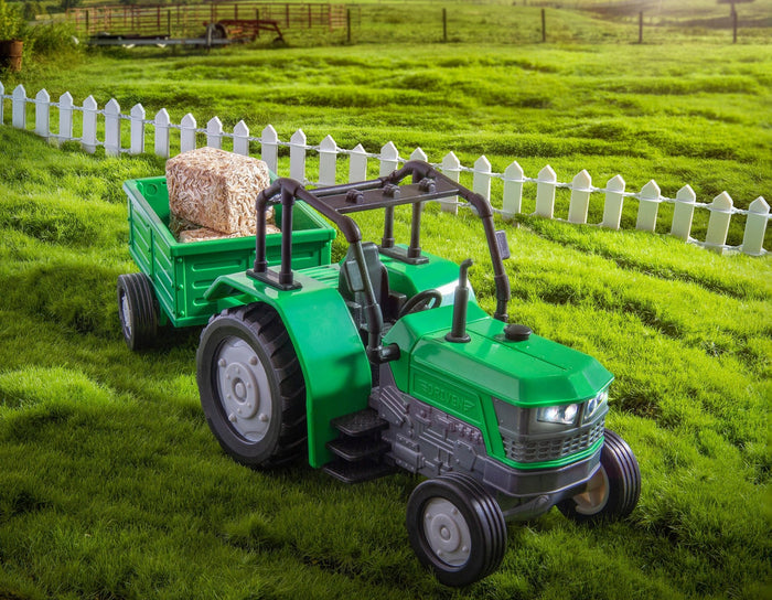 Small Micro Series Green toy tractor with trailor