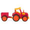 A red tractor toy with a detachable trailer.
