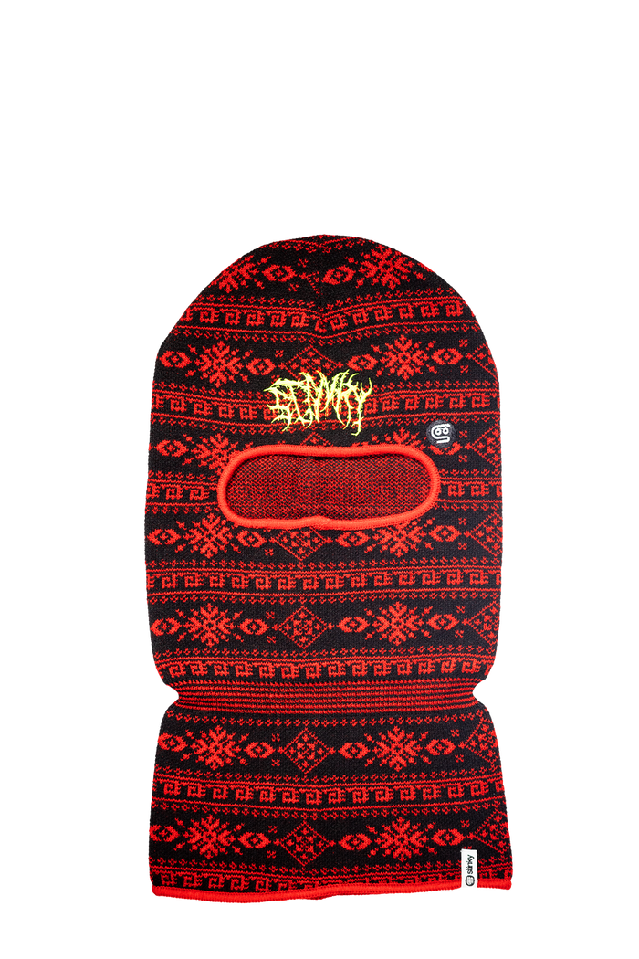 Red and black patterned balaclava with a brand logo on a white background