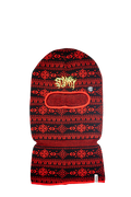 Red and black patterned balaclava with a brand logo on a white background