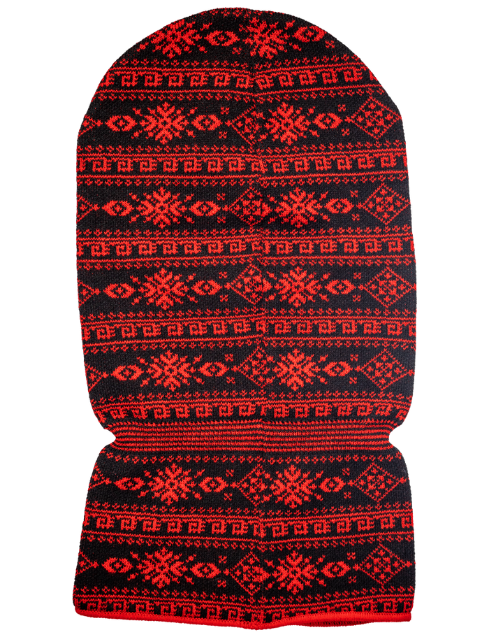 Red and black patterned balaclava on a white background