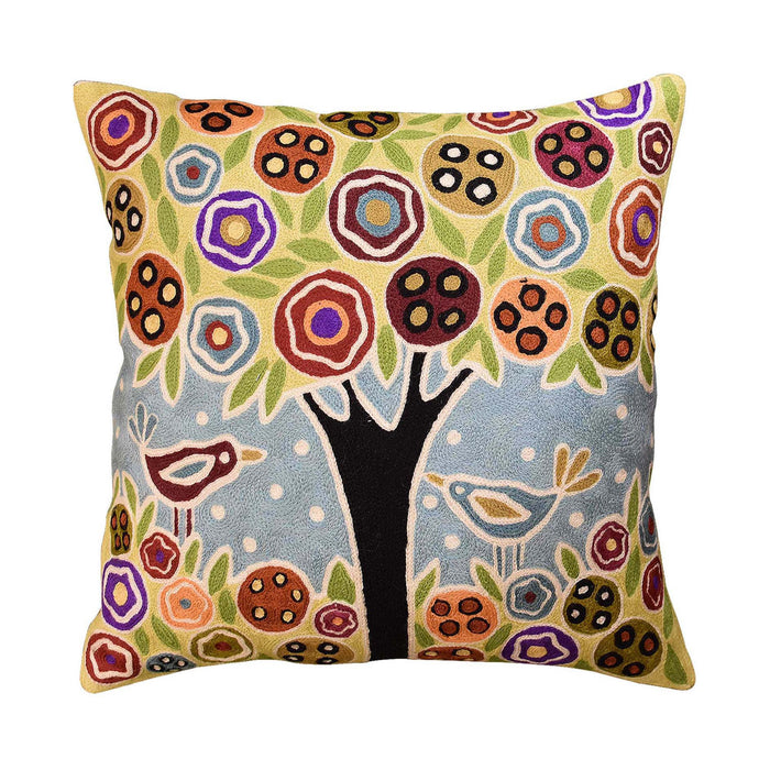 Tree & 2 Birds in Bloom Karla Gerard Pillow Cover Handembroidered Wool 18"x18" - KashmirDesigns