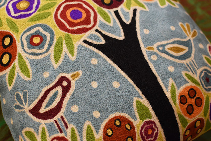 Tree & 2 Birds in Bloom Karla Gerard Pillow Cover Handembroidered Wool 18"x18" - KashmirDesigns