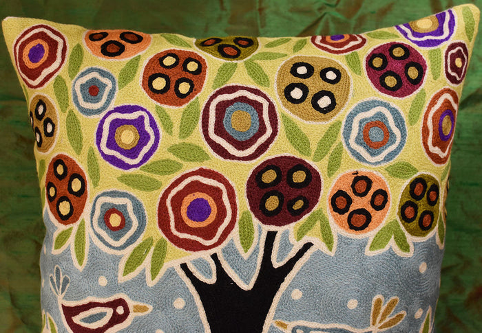 Tree & 2 Birds in Bloom Karla Gerard Pillow Cover Handembroidered Wool 18"x18" - KashmirDesigns