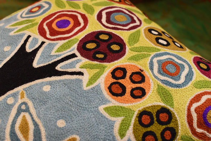 Tree & 2 Birds in Bloom Karla Gerard Pillow Cover Handembroidered Wool 18"x18" - KashmirDesigns