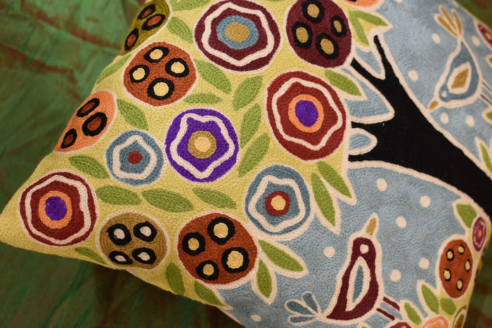 Tree & 2 Birds in Bloom Karla Gerard Pillow Cover Handembroidered Wool 18"x18" - KashmirDesigns
