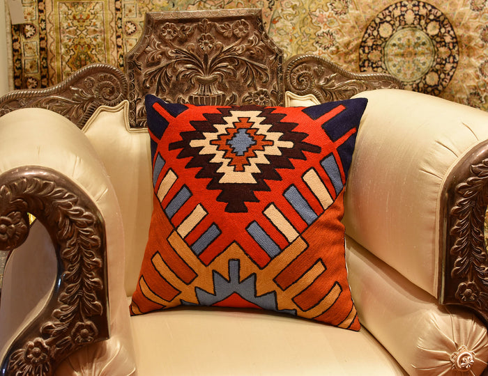 Tribal Aztec Southwestern Decorative Pillow Cover Handembroidered Wool 18x18" - KashmirDesigns