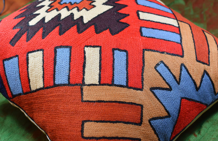 Tribal Aztec Southwestern Decorative Pillow Cover Handembroidered Wool 18x18" - KashmirDesigns