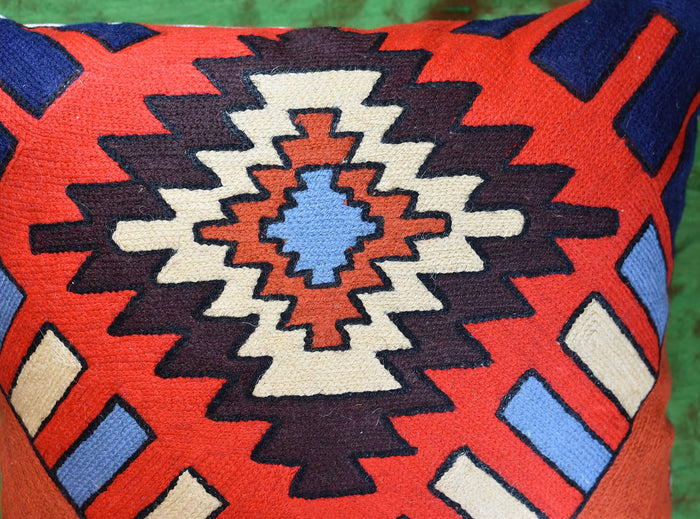 Tribal Aztec Southwestern Decorative Pillow Cover Handembroidered Wool 18x18" - KashmirDesigns