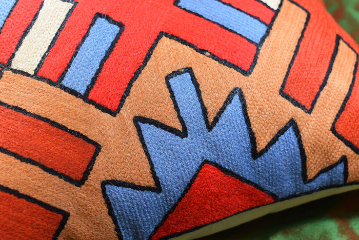 Tribal Aztec Southwestern Decorative Pillow Cover Handembroidered Wool 18x18" - KashmirDesigns