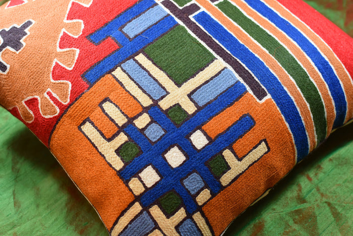 Tribal Burdock Aztec Southwestern Throw Pillow Cover Handembroidered Wool 18x18" - KashmirDesigns