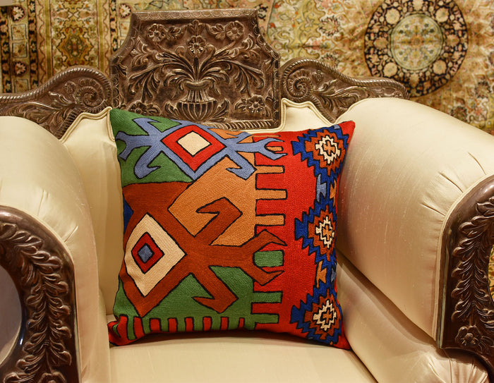 Tribal Scorpion Aztec Southwestern Pillow Cover Handembroidered Wool 18x18" - KashmirDesigns