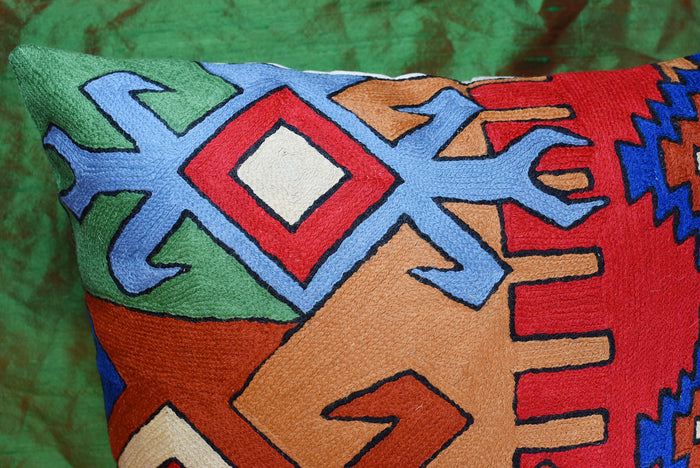Tribal Scorpion Aztec Southwestern Pillow Cover Handembroidered Wool 18x18" - KashmirDesigns