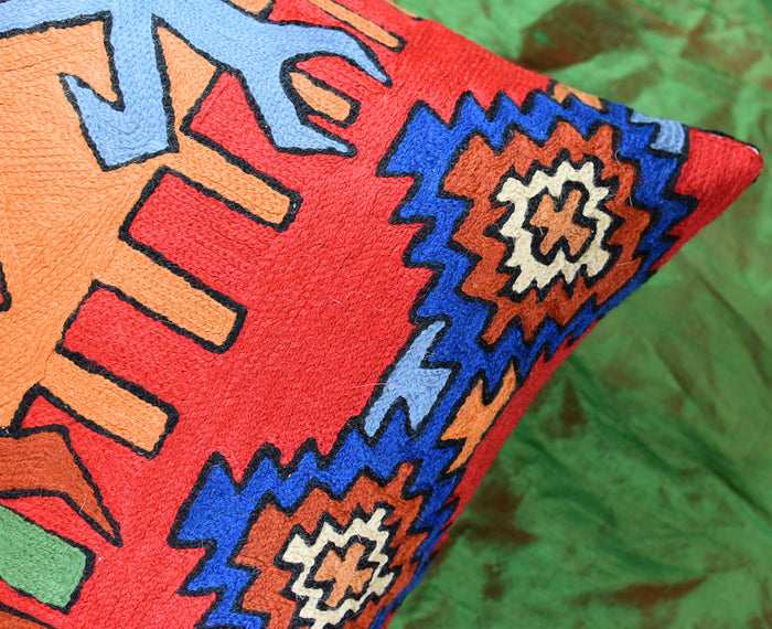 Tribal Scorpion Aztec Southwestern Pillow Cover Handembroidered Wool 18x18" - KashmirDesigns