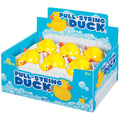 A blue display box labeled “Tub Time Pull-String Duck” by Tub Time holds several yellow rubber duck bath toys with orange beaks and tails, each in its own slot. The playful packaging has cartoon ducks and bubble designs.