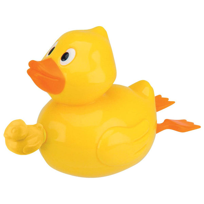 The Tub Time Pull-String Duck by Tub Time is a yellow plastic duck with an orange beak and feet. Its wide-eyed, cartoon design makes this interactive bath toy perfect for adding fun to any bath time routine. Shown on a white background.