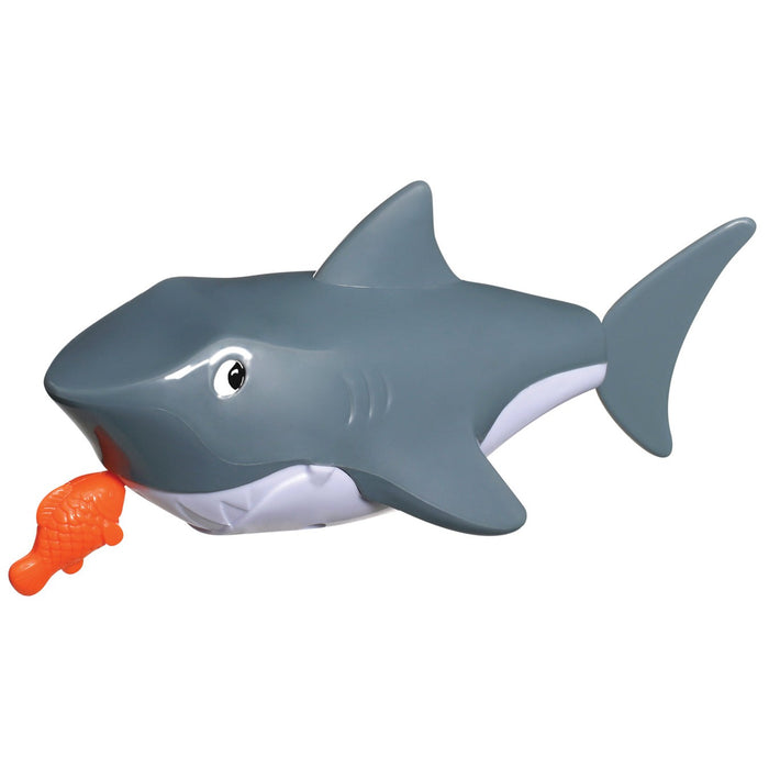 The Tub Time Pull-String Shark is a gray plastic bath toy with a friendly face, holding an orange fish in its mouth. Simple and interactive, this Tub Time toy makes children’s playtime in the bath extra fun.