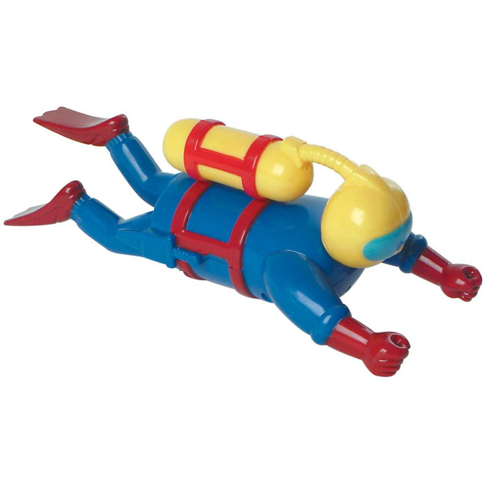 The Tub Time Wind-Up Diver by Tub Time is a vibrant bath toy featuring a scuba figure with a yellow helmet, yellow oxygen tank, blue suit, and red fins, designed to "swim" through water when wound up.
