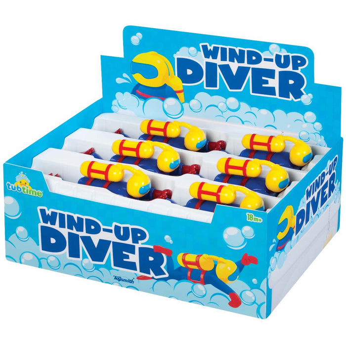 The Tub Time Wind-Up Diver display box by Tub Time holds several colorful wind-up bath toy divers with yellow, red, and blue parts in rows. The box shows bubble graphics and branding—perfect as a fun tub diver for bath time.