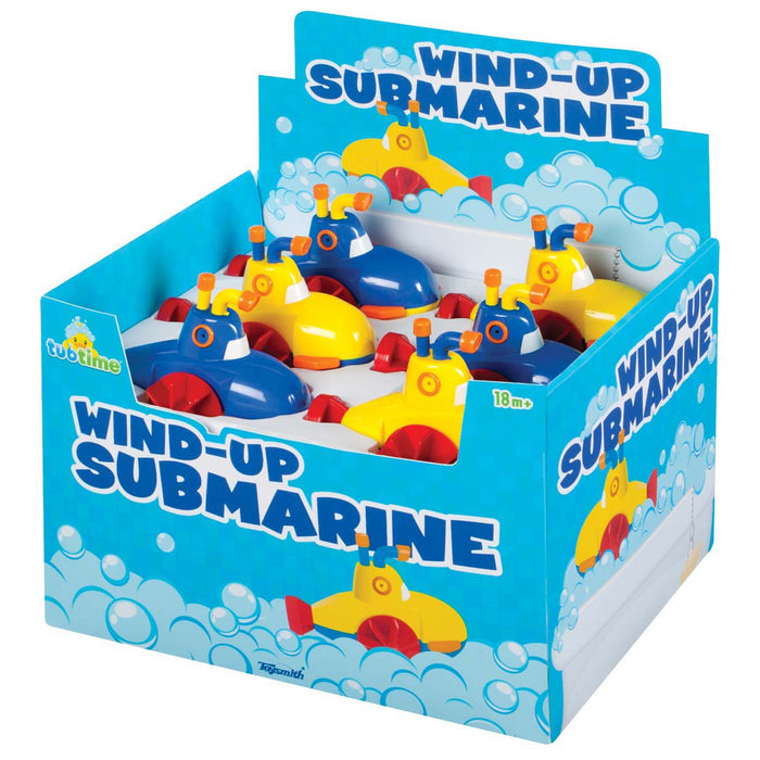 A display box of Tub Time Wind-Up Submarine bath toys by Tub Time, featuring blue and yellow designs with bubble decorations. Ideal for water play and suitable for ages 18 months and up.
