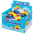 A display box of Tub Time Wind-Up Submarine bath toys by Tub Time, featuring blue and yellow designs with bubble decorations. Ideal for water play and suitable for ages 18 months and up.