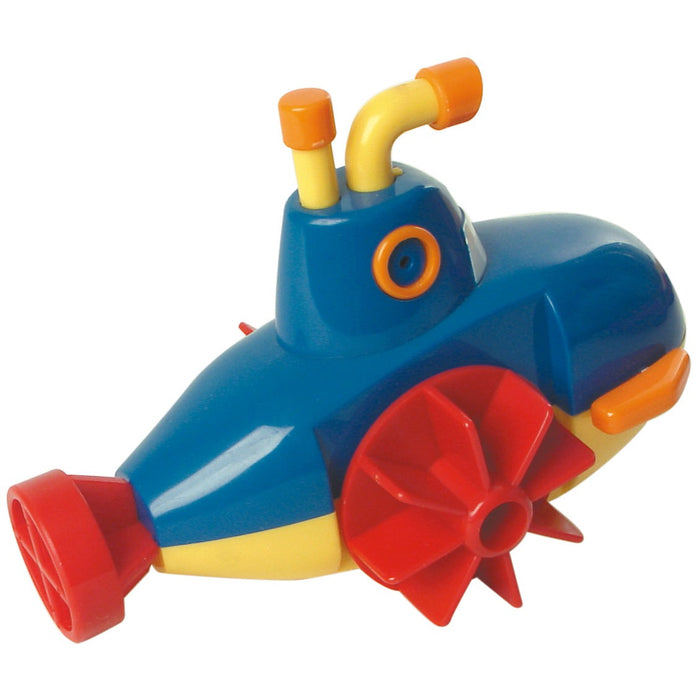 The Tub Time Wind-Up Submarine by Tub Time features a blue and yellow plastic body, red propeller, orange accents, and two yellow periscopes—making it the ideal bath toy for fun water play.
