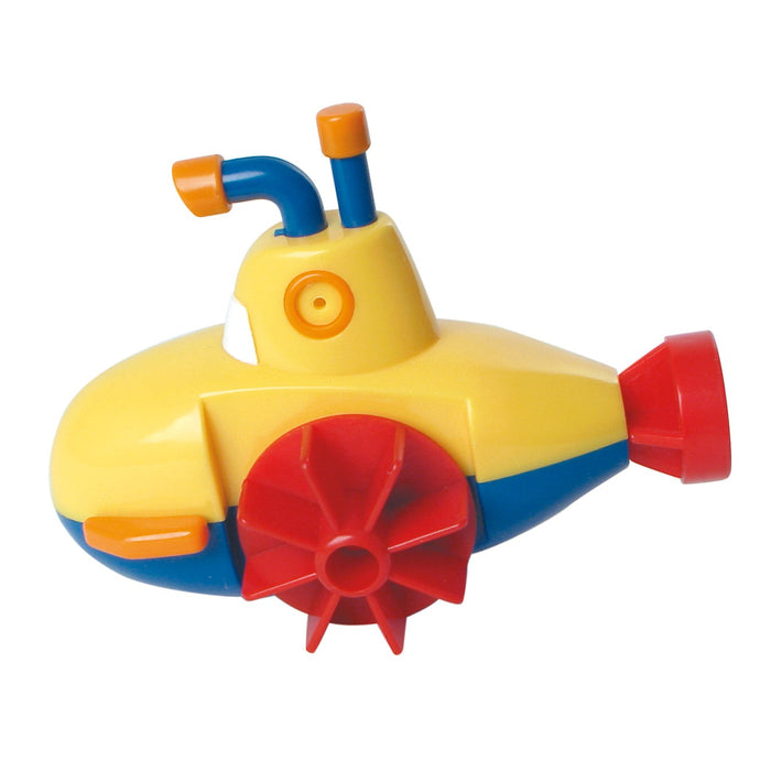 The Tub Time Wind-Up Submarine by Tub Time features yellow, blue, and red plastic with an orange and blue periscope and a large red side propeller—perfect for fun water play.