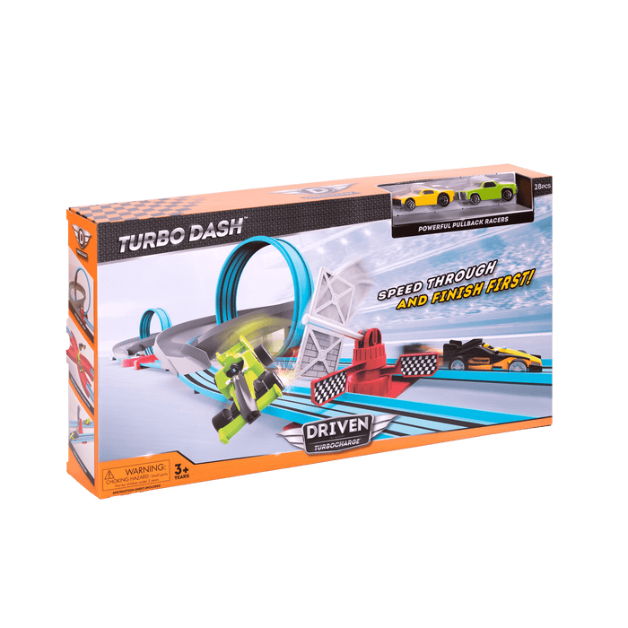 Racetrack playset with loops and toy cars