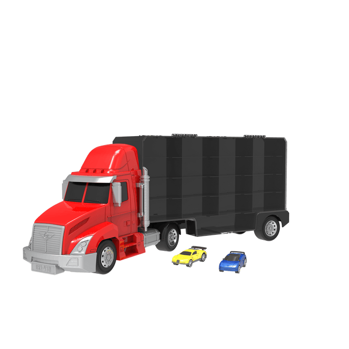 Toy carrier truck with two small toy cars.