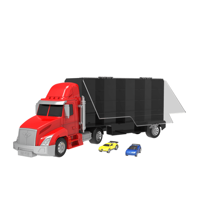 Toy carrier truck with two small toy cars.