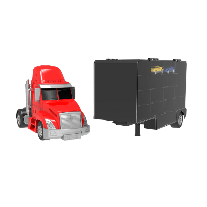Toy carrier truck with two small toy cars.
