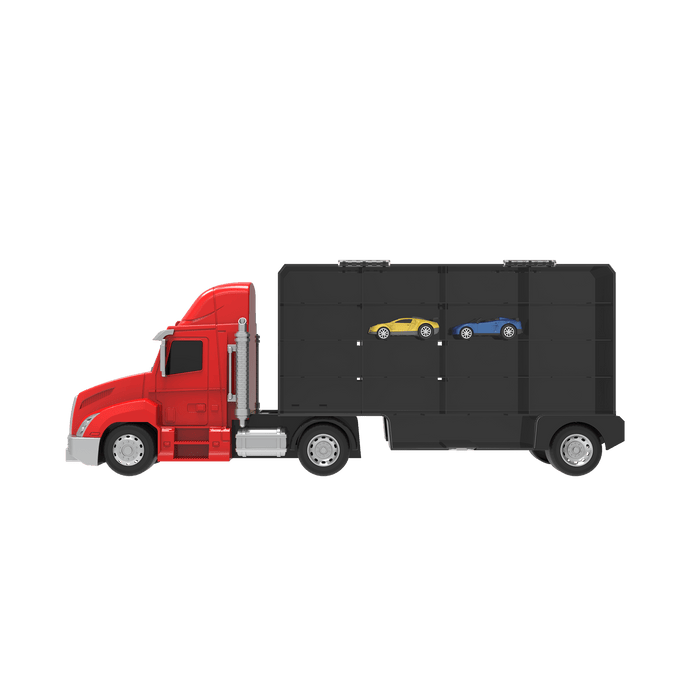 Toy carrier truck with two small toy cars.