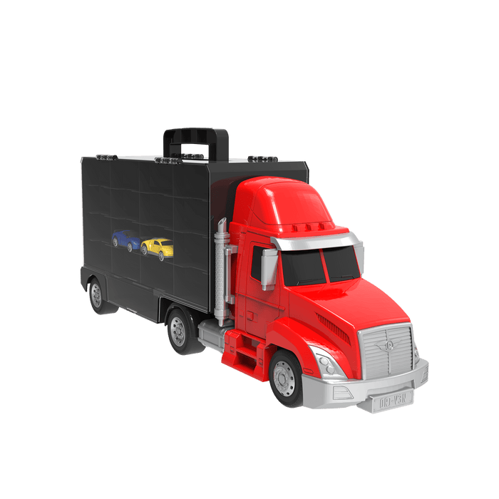 Toy carrier truck with two small toy cars.