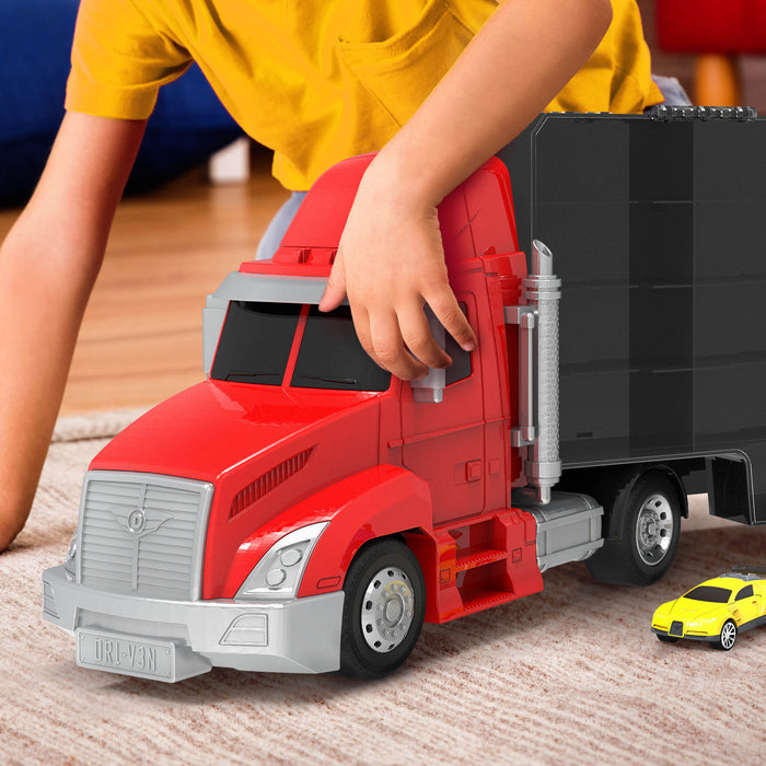 Toy carrier truck with two small toy cars.