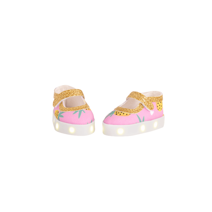 Pink and gold pineapple-printed light up shoes for 14-inch doll