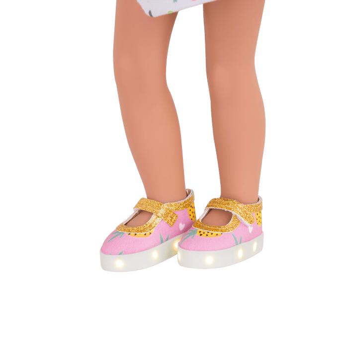 Pink and gold pineapple-printed light up shoes for 14-inch doll