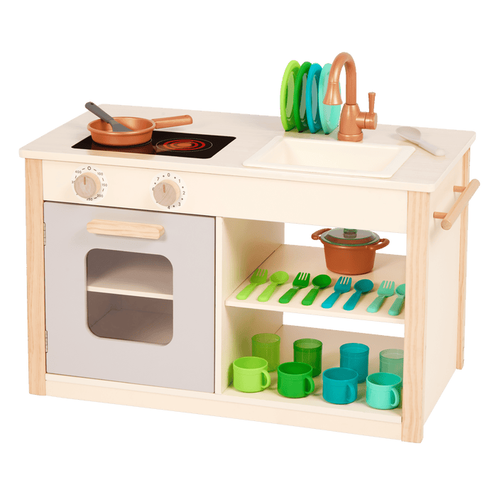 Wooden toy kitchen with colorful accessories.