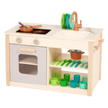 Wooden toy kitchen with colorful accessories.