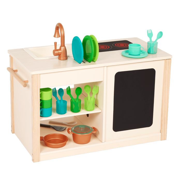 Wooden toy kitchen with colorful accessories.