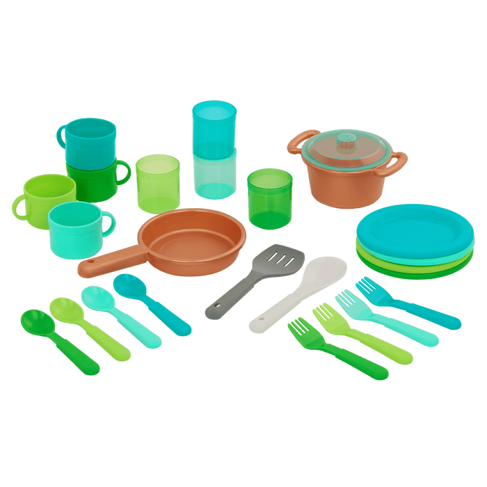 Wooden toy kitchen with colorful accessories.