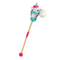 green and pink unicorn hobby horse with wooden riding pole