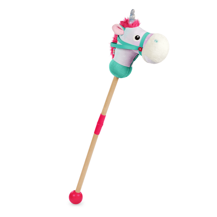 green and pink unicorn hobby horse with wooden riding pole