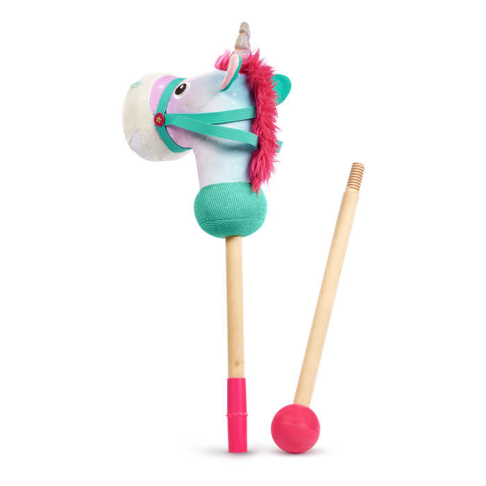 green and pink unicorn hobby horse with wooden riding pole