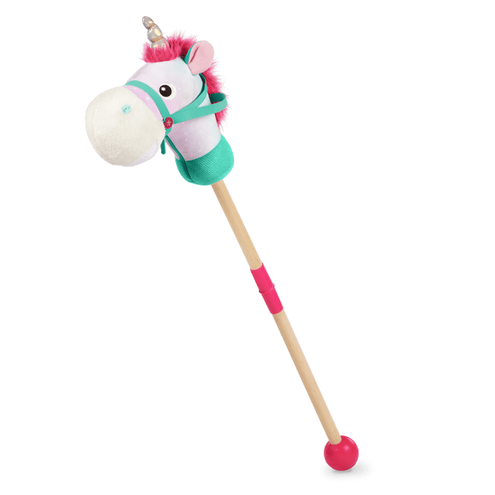 green and pink unicorn hobby horse with wooden riding pole
